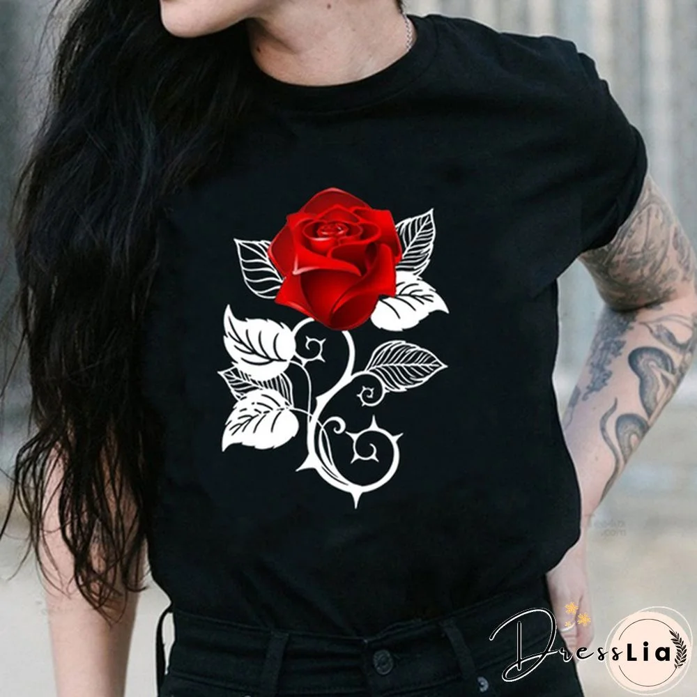 Girls and Women's Fashion Red Rose Printed T-Shirt Cute Graphic Tee Shirt Ladies Summer T-shirts Casual Plus Size Tops Flower T Shirts