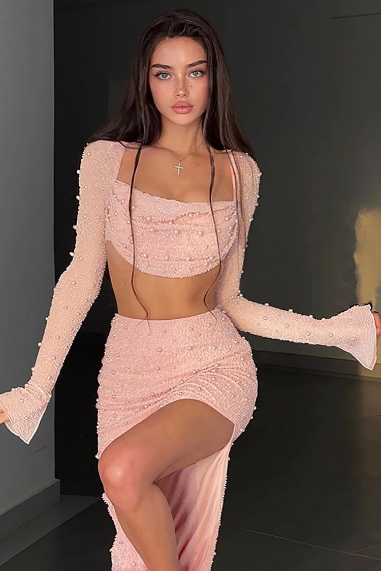 Pearl Long Flare Sleeve Crop Top Midi Slit Skirt Matching Set