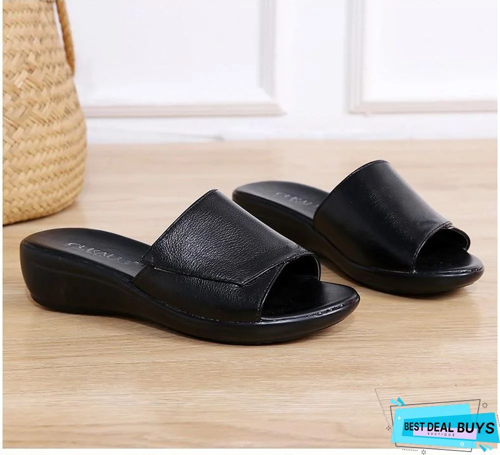 Women Genuine Leather Flip Flops Wedges Platform Sandals Shoes