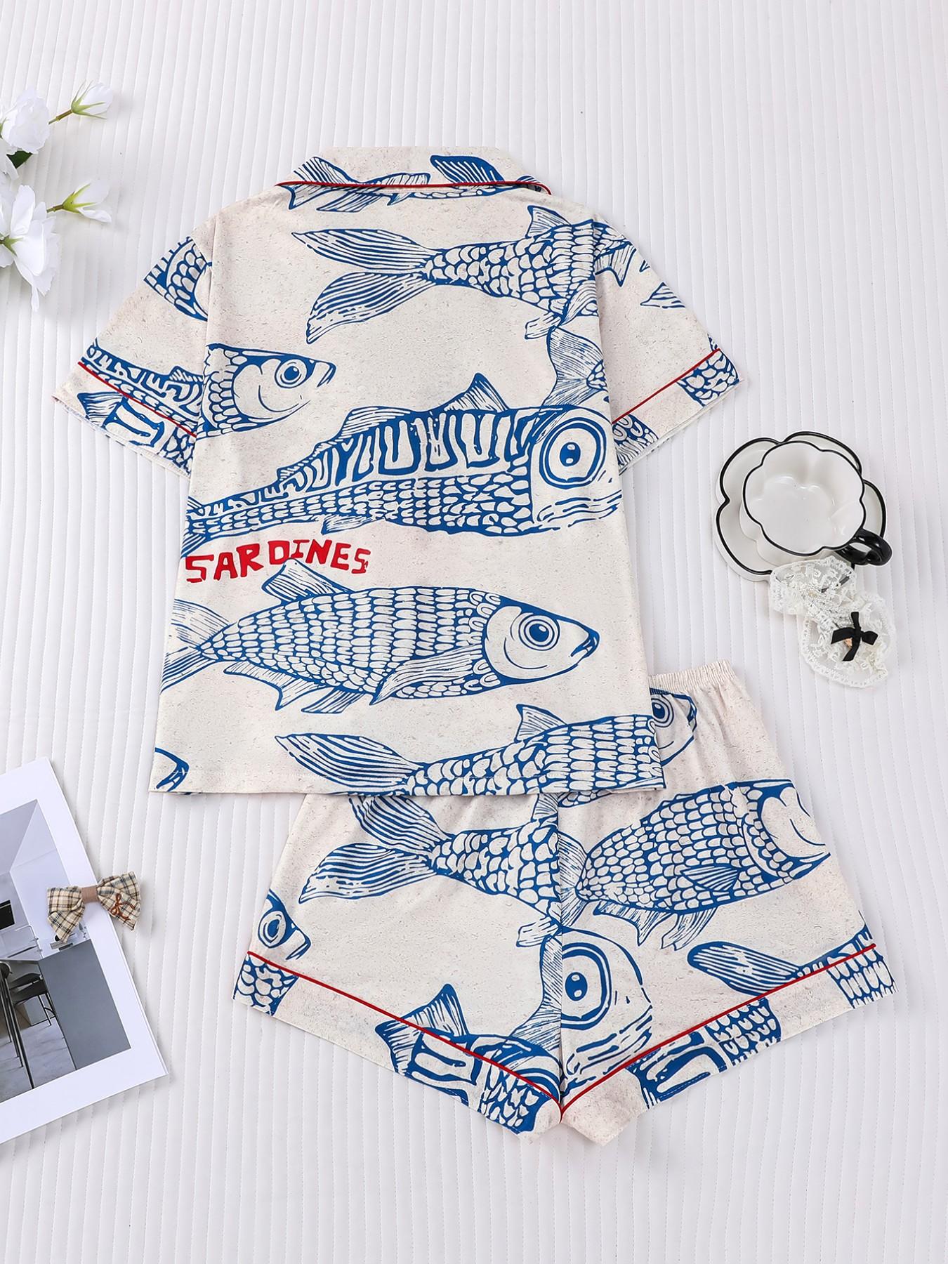 Women's Sleepwear Set, Short Sleeve Button-Up Soft Top & Elastic Shorts, Casual Home Wear, Fashionable Daily Clothing, Loungewear, Pajama Print