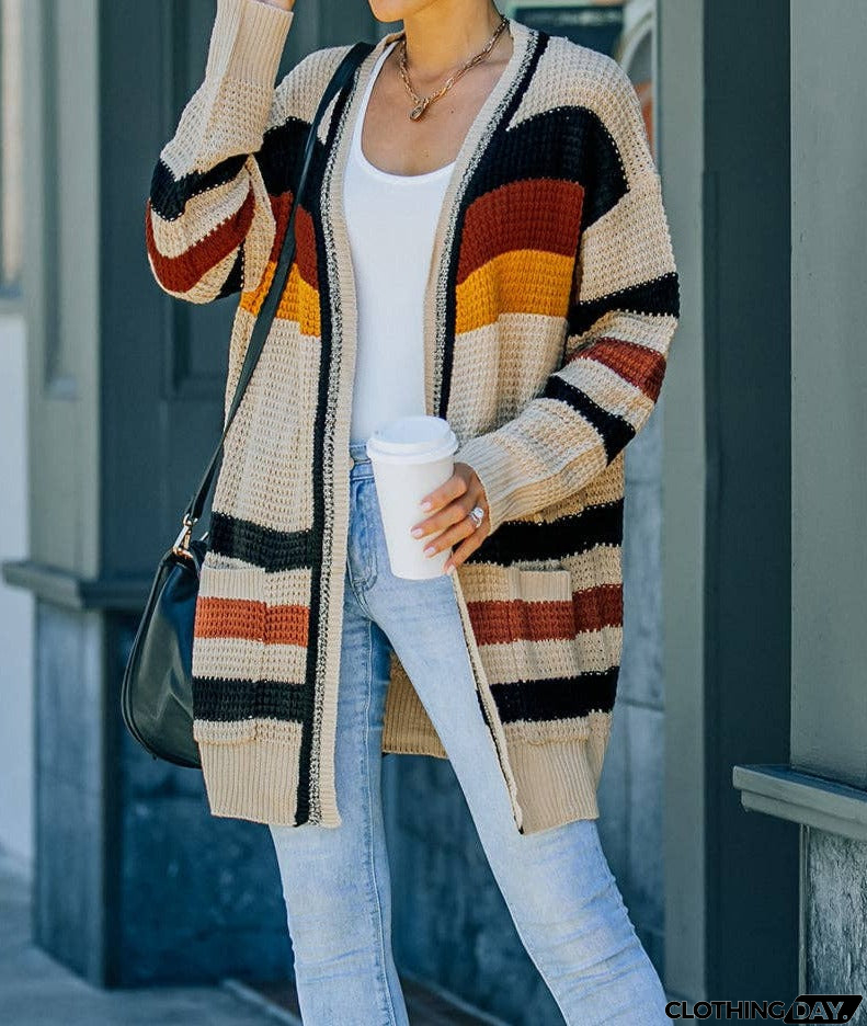 Long Sleeve Open Front Striped Cardigan
