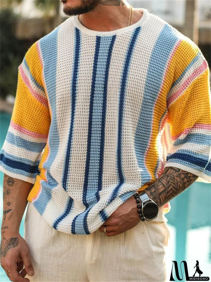 Men's Contrast Color Striped Crew Neck Half Sleeve Knitted Sweater