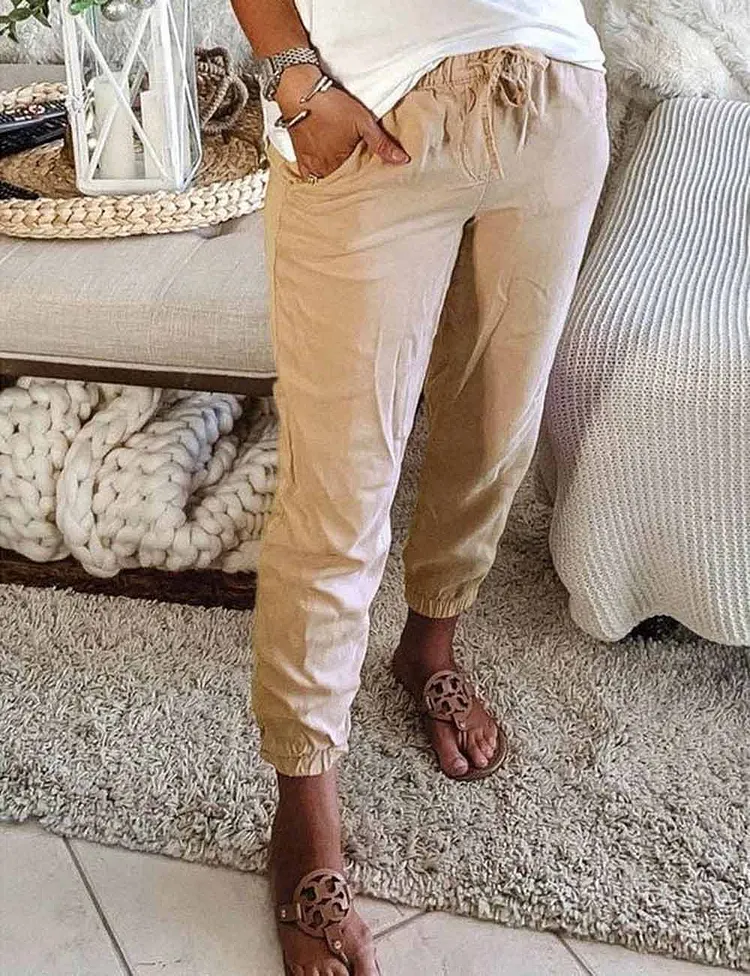 Solid Color Waist Tie Tourse Ladies Pants SKP8020