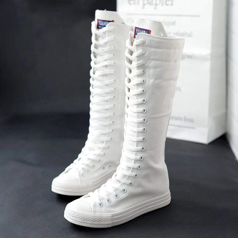 Miaoguan Spring Autumn Women Canvas Shoes Canvas Casual High Top Sneakers Lace-Up Zipper Comfortable Flat Long Boots 2021 New 40
