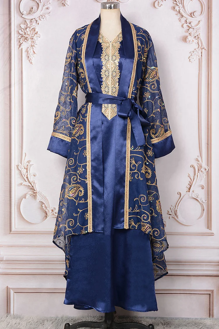 Lace Patchwork Maxi Dresses Embroidery Irregular Hem Abaya Matching Set