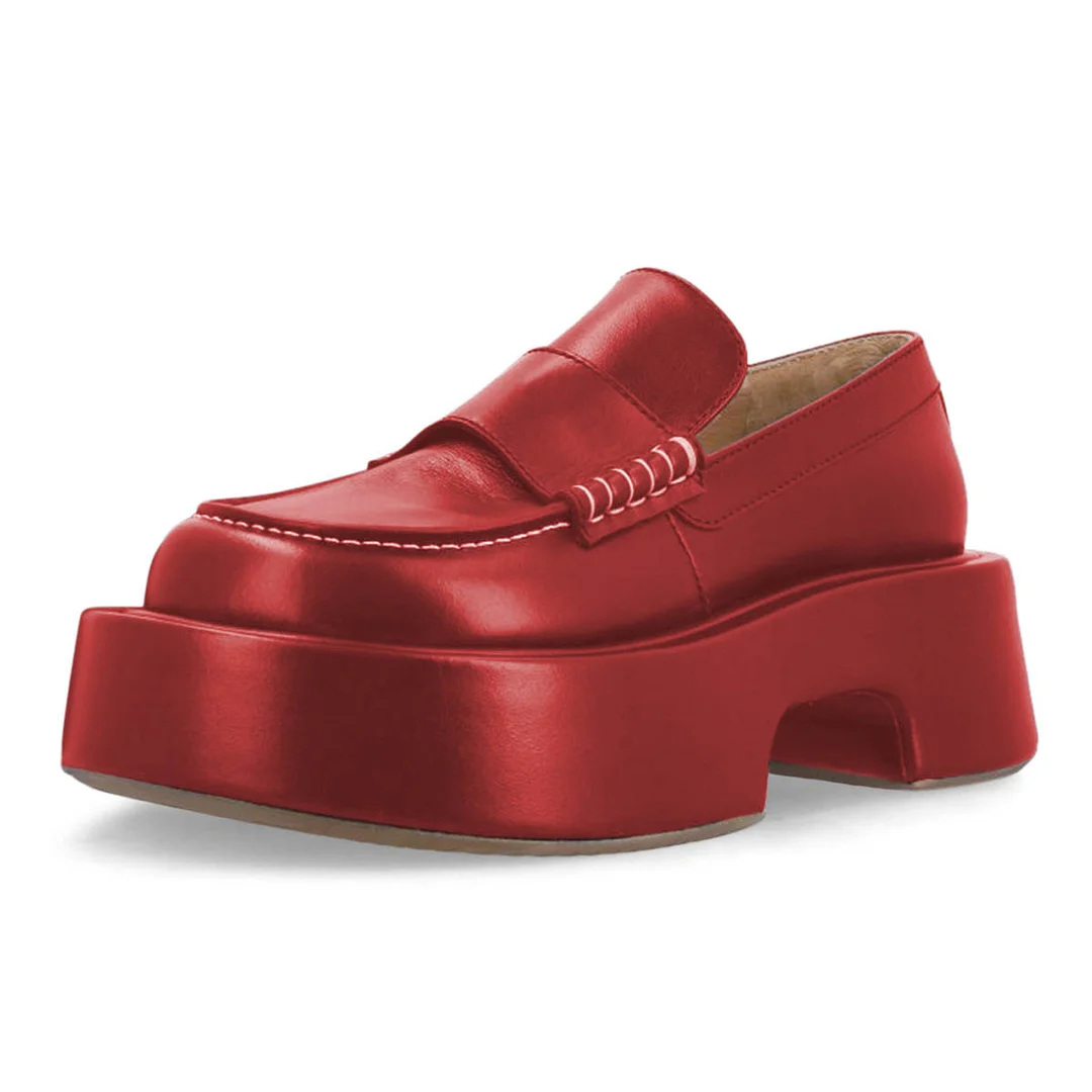 Simple Red Vegan Leather Round Toe Platform Loafers Women