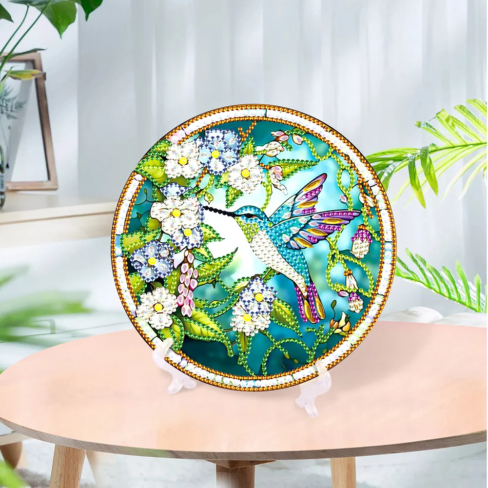 DIY Stained Glass Hummingbird Diamond Painting Wooden Single Side Crystal Painting Desktop Kit for Home Office Decor
