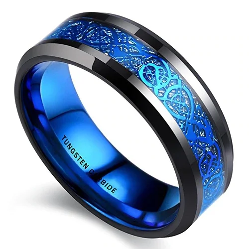 6MM 8MM Men's Women Black and Blue Celtic Dragon Knot Tungsten Carbide Wedding Rings Inner and Outer Blue Tone with Resin Inlay Over Meteorite Style Design