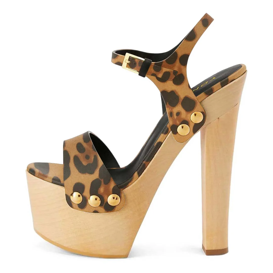 Leopard Print Open Toe Studded Ankle Strap Platform Heel Sandals