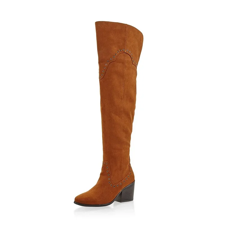 Brown Vegan Suede Long Boots Block Heel Over-the-knee Boots |FSJ Shoes