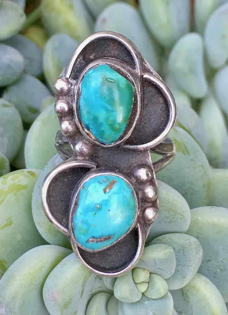 Turquoise Ring with Double Stones in Sterling Silver Size: 5 3/4