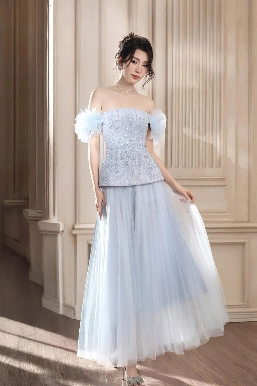 Miabel Glamorous Light Blue Tulle Off the Shoulder A Line Strapless Prom Dress with Beadings 