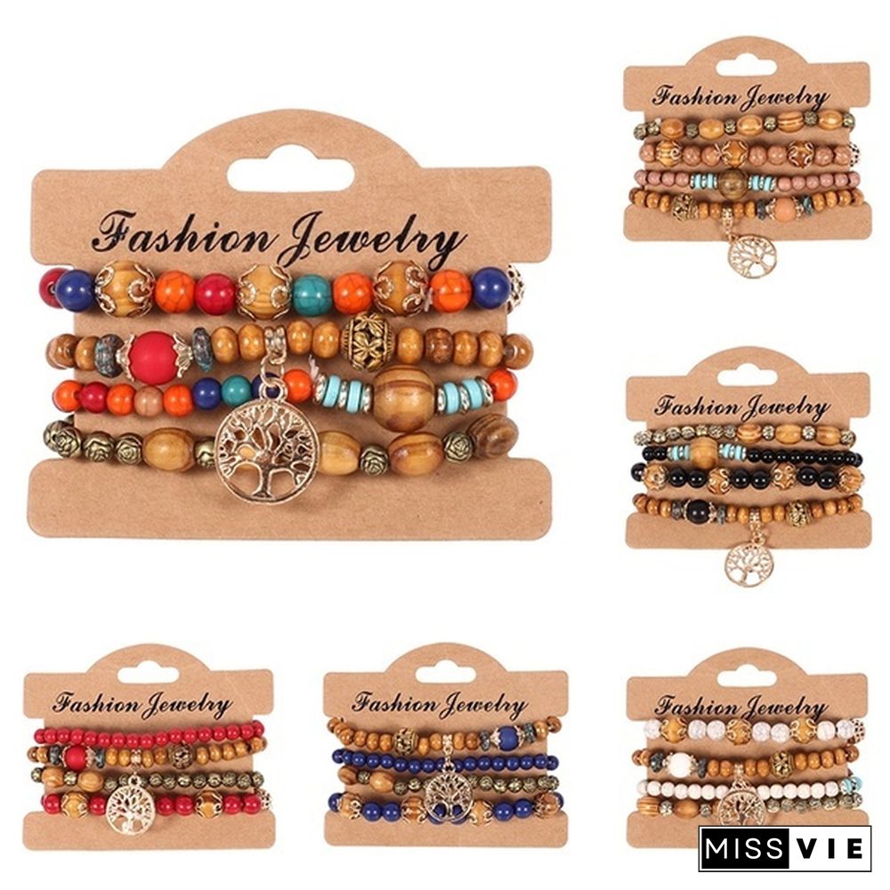 4pcs/set Wooden Beads Bracelet Multicolor Women Boho Bangles With Hollow-out Pendant
