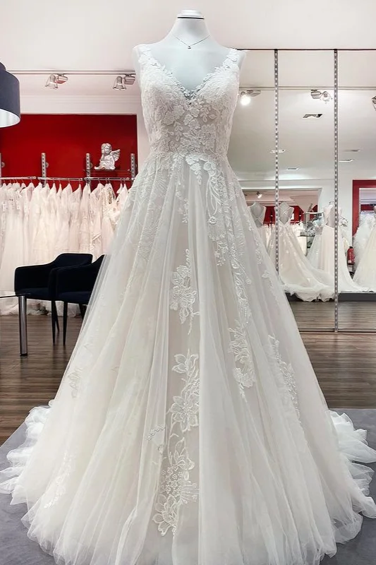 Simple Long A-line Tulle Lace V-Neck Open Back Wedding Dress With Appliques Lace