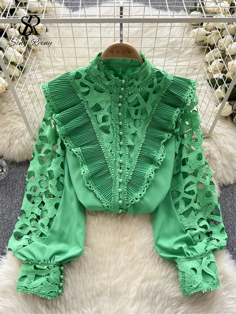 Huibahe French Style Casual Embroidery Blouse Women Long Sleeves Pearl Shirt Fashion Ruffles Cotton Hollow Out Loose Top