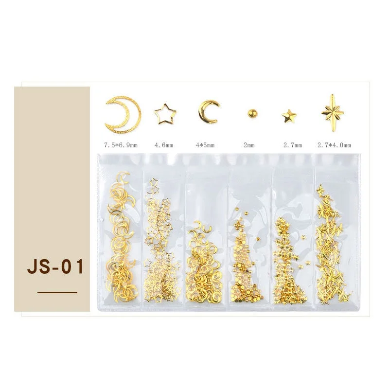 6 Grids Gold Nail Art Alloy Studs Moon Stars Geometric Patterns 3D Decorations Charm Metal Frame Rivets Nail Sequin Accessories