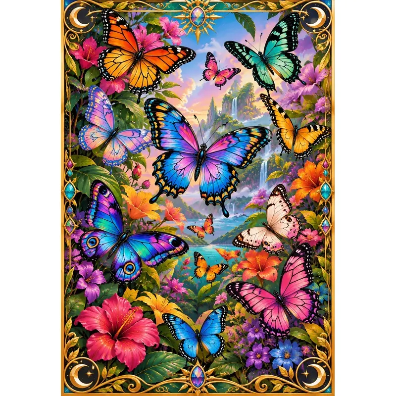Jesbrilli Collaboration |Colorful Butterflies Flowers– Full Drill with AB & Fairy Dust Detail Highlights – Full Round/Square Diamond Painting (Velvet Cloth)