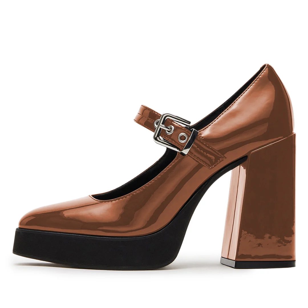 Brown Patent Leather Round Toe Buckle Fastening Strap Mary Janes