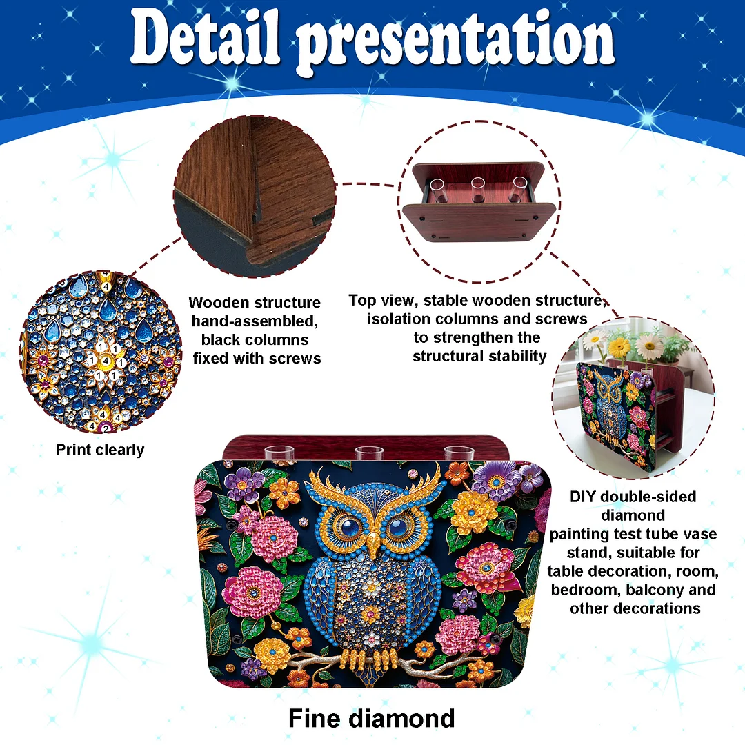 Owl DIY Flower Vase Wooden Double Sided Desktop Diamond Art Kit for Home Decor