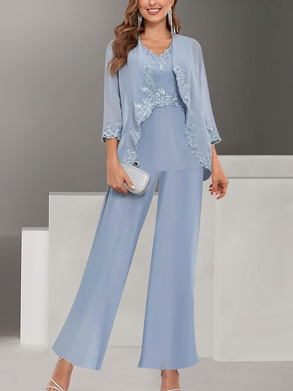 Pantsuit Mother of the Bride Dress Elegant Simple Scoop Neck Floor Length Polyester Long Sleeve with Solid Color