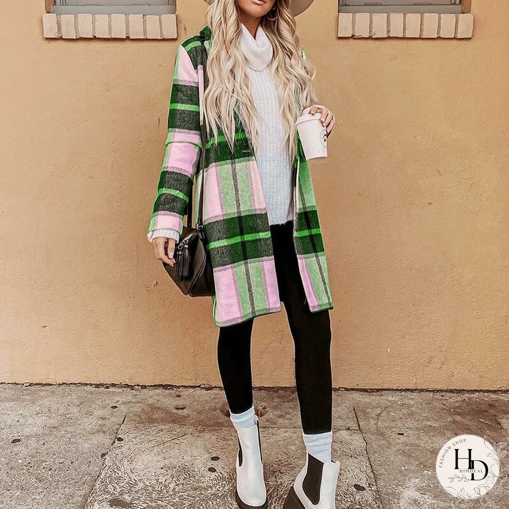 Autumn Women Casual Plaid Print Coat Fashion Long Sleeve Turn-down Collar Cardigan Coat Ladies Loose Commuter Woolen Jacket