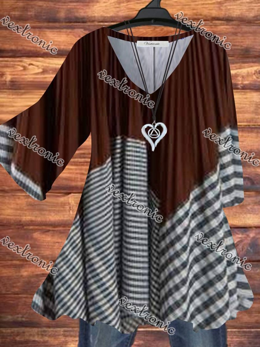 Women Half Sleeve V-neck Colorblock Printed Top Dress