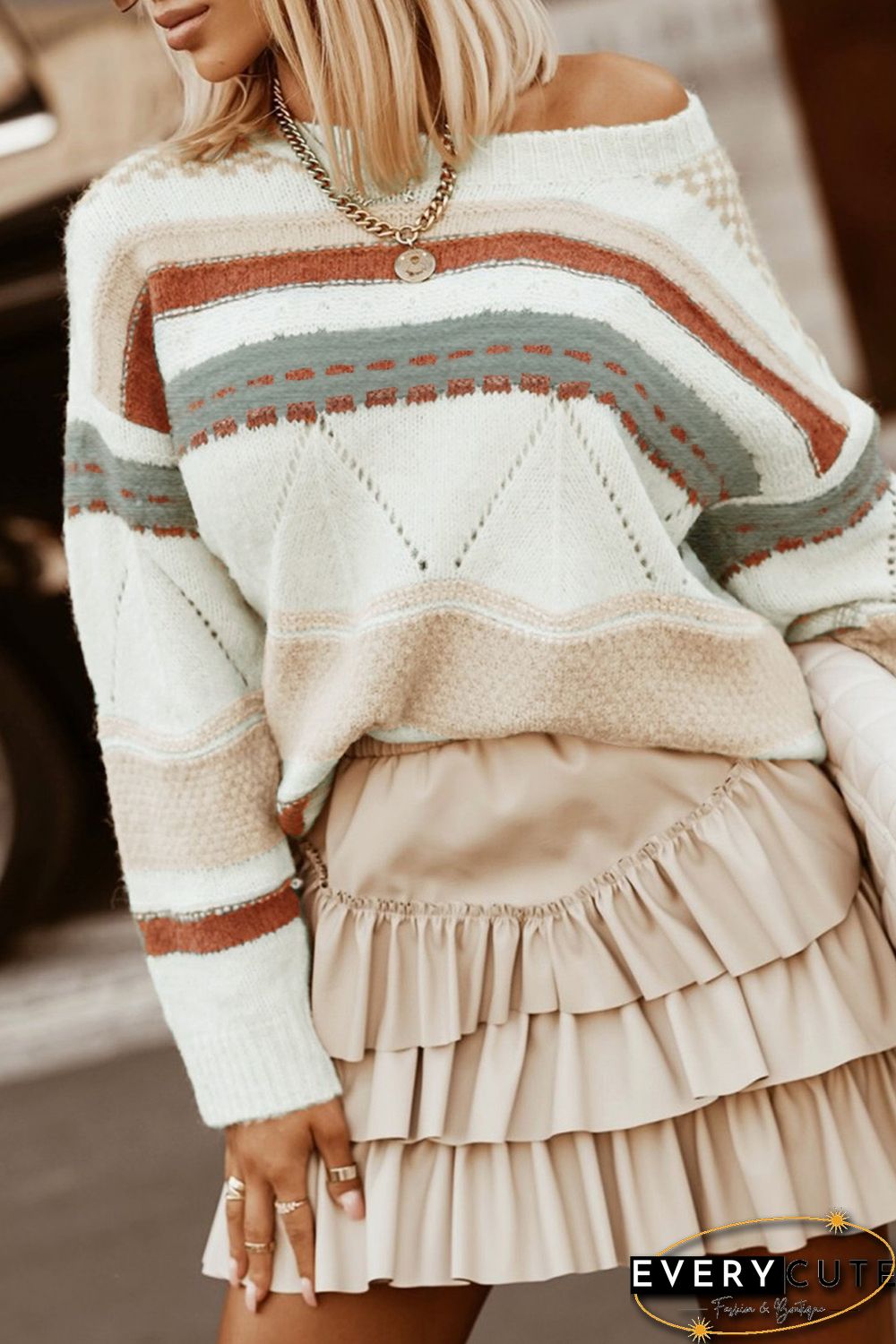 White Striped Colorblock Knit Sweater
