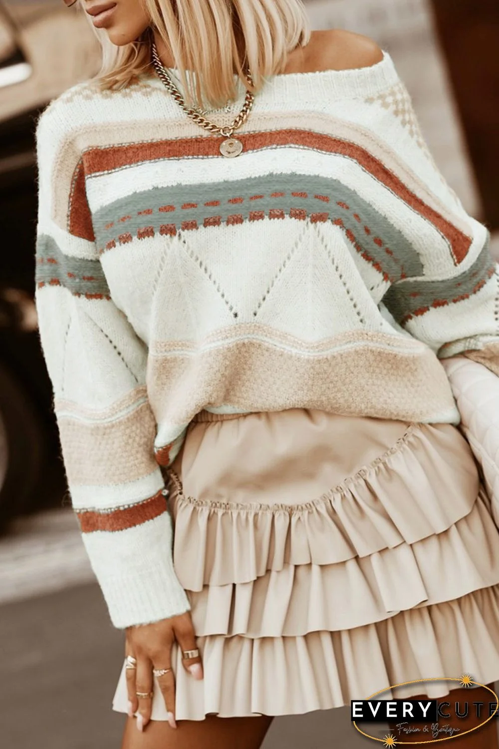 White Striped Colorblock Knit Sweater