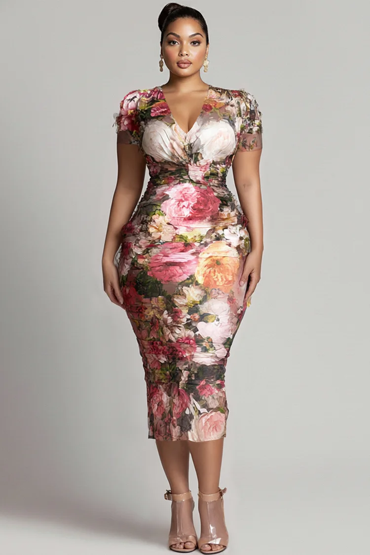 Xpluswear Design Plus Size Cocktail Party Multicolor Floral V Neck Short Sleeve Bodycon Split Tulle Midi Dresses [Pre-Order] 2024 - Xpluswear