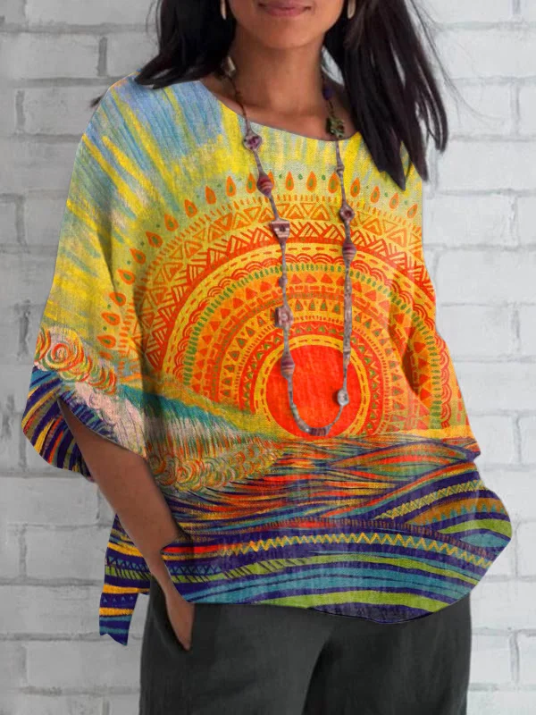 Vintage Art Print Hippie Mid Sleeve Top