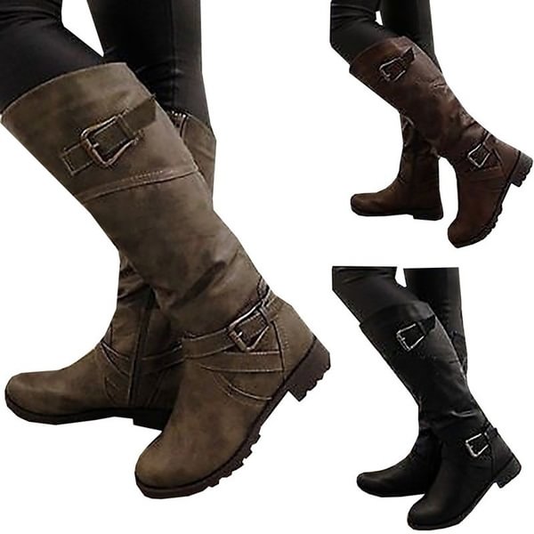 Women Fashion Winter Wide Calf Low Heel Belt Buckle Riding Leather Boots Plus Size(EU 35-43/US5-12)(Please choose one size bigger) - Life is Beautiful for You - SheChoic