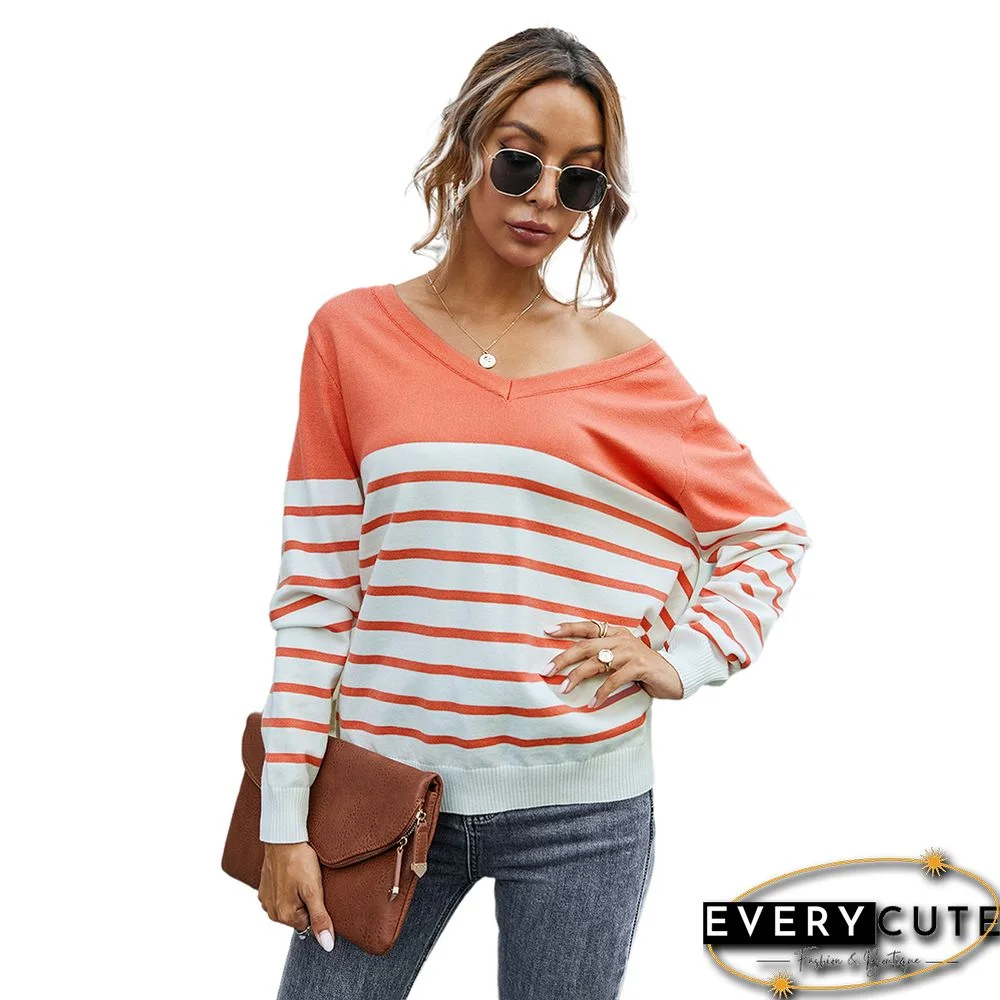 Orange Splice Stripe Print V Neck Sweater