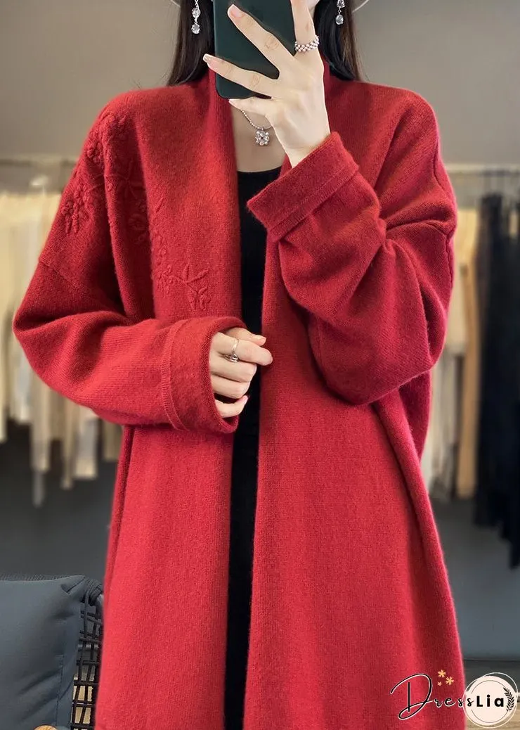 Loose Red V Neck Embroideried Cashmere Cardigan Top Fall