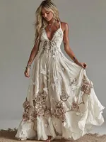 Women's Vintage Rose Embroidery Art V-neck Suspender Maxi Dress