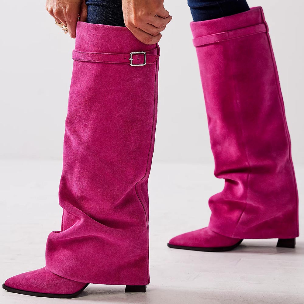 Pink Faux Suede Pointed Toe 4'' Chunky Heel Fold Over Knee High Boots Nicepairs