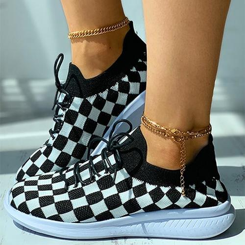 Argyle Pattern Knit Lace-Up Casual Sneakers