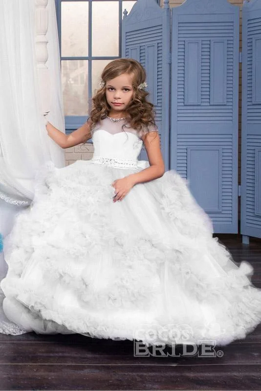 Hellodresses Scoop Neck Short Sleeves Ball Gown Flower Girls Dress with Buttons