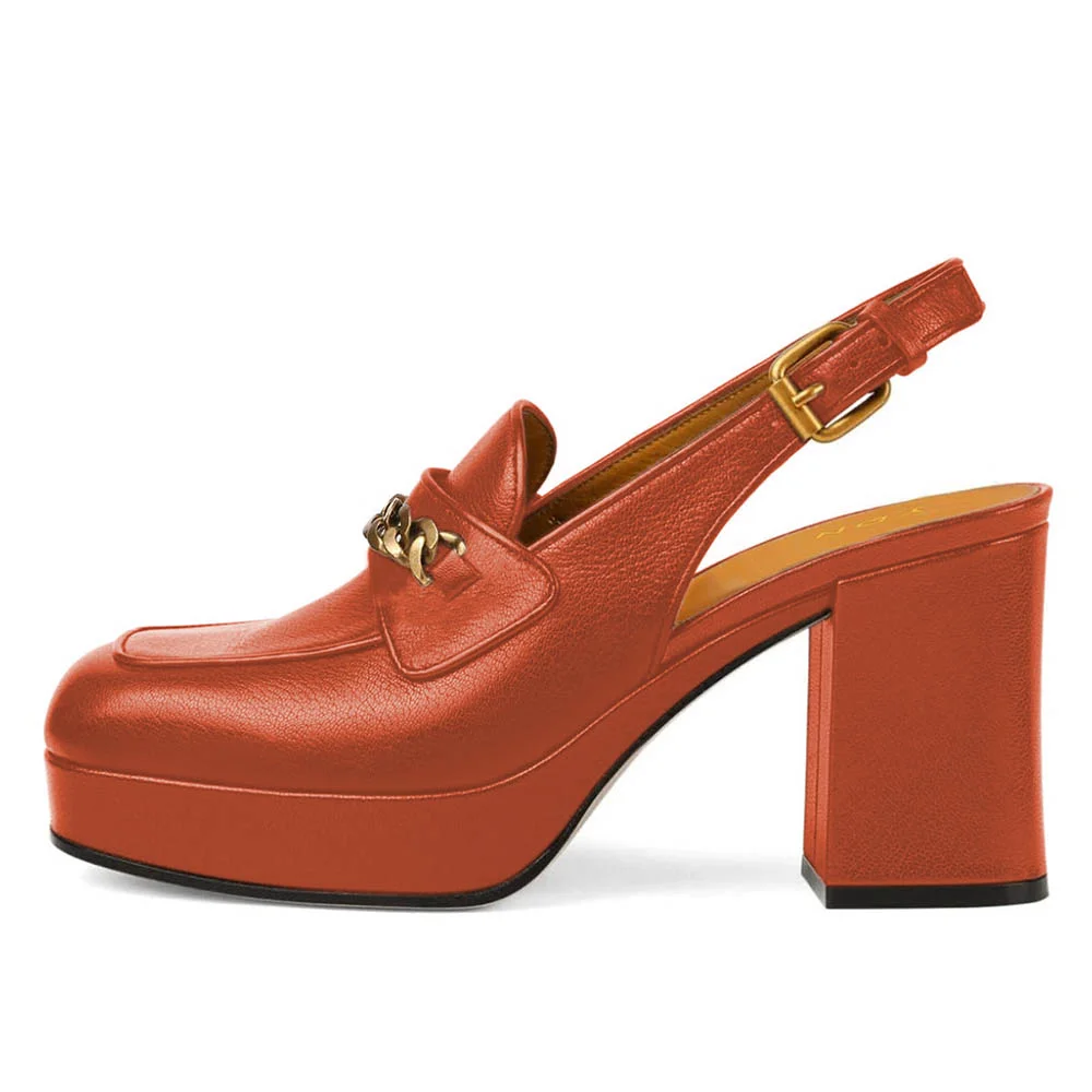 Orange Chain Decor Chunky Heel Platform Slingback Loafer Shoes Women