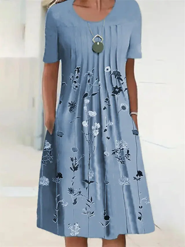 Women's Short Sleeve Scoop Neck Floral Printed Graphic Midi Dress