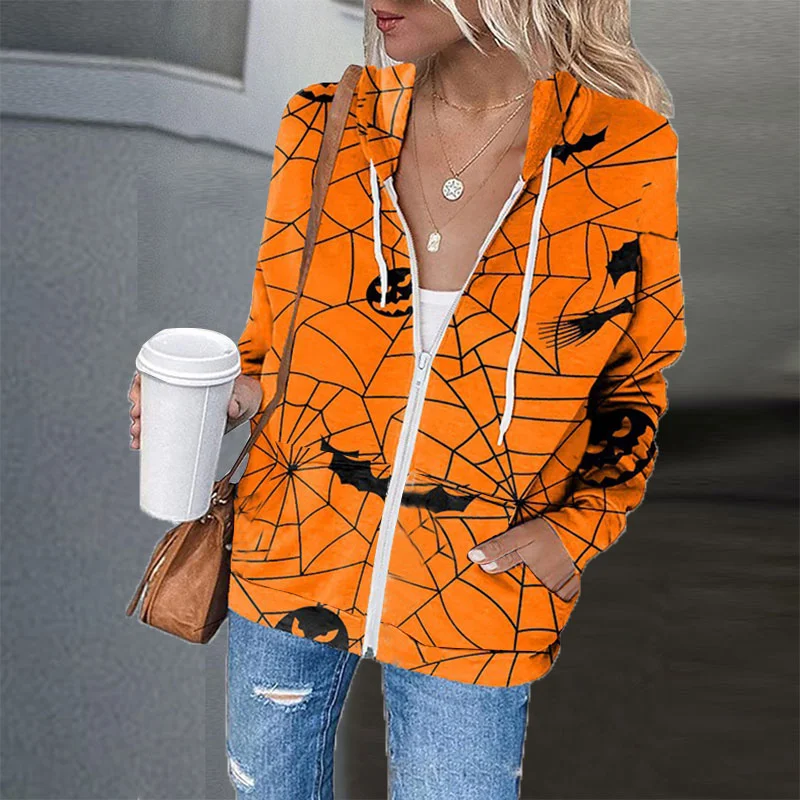 Spider Web Full Print Women Zipper Up Drawstring Hoodies&Sweatshirt