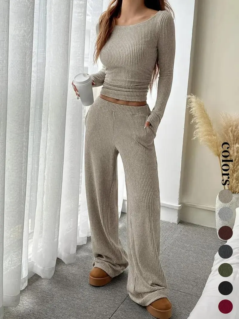 Women's Casual Striped Long Sleeve Top & Loose Pocket Pants Set, European Style Womenswear, Comfortable for Daily Wear Women's Casual Striped Long Sleeve Top & Loose Pocket Pants Set, European Style Womenswear, Comfortable for Daily Wear