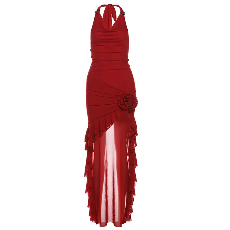 Churchf 2024 Summer New Women's Solid Color Sexy Hottie Hanging Neck Girded Mesh Dress