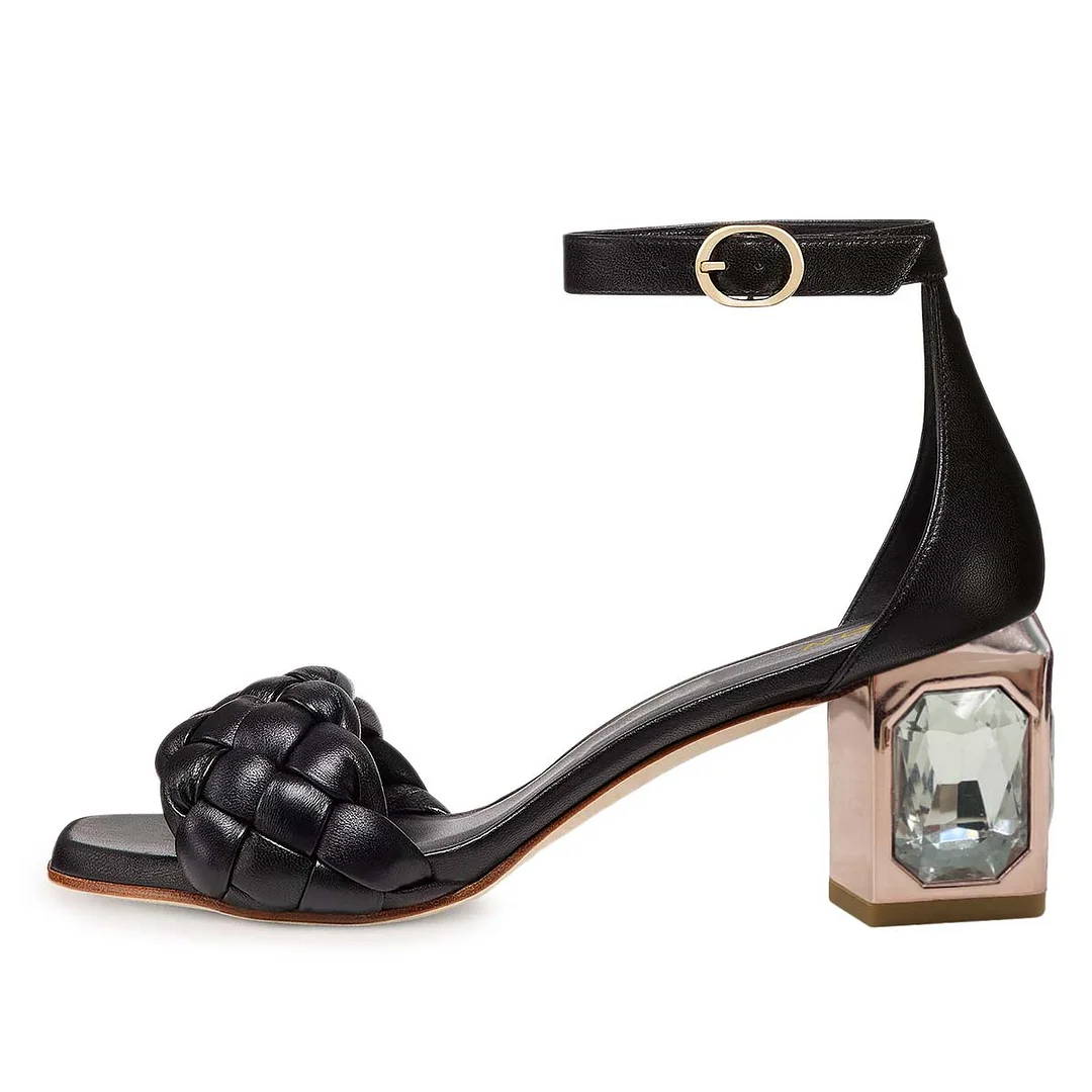 Braided Open-Toe Rhinestone Chunky Heel Black Sandals for Women