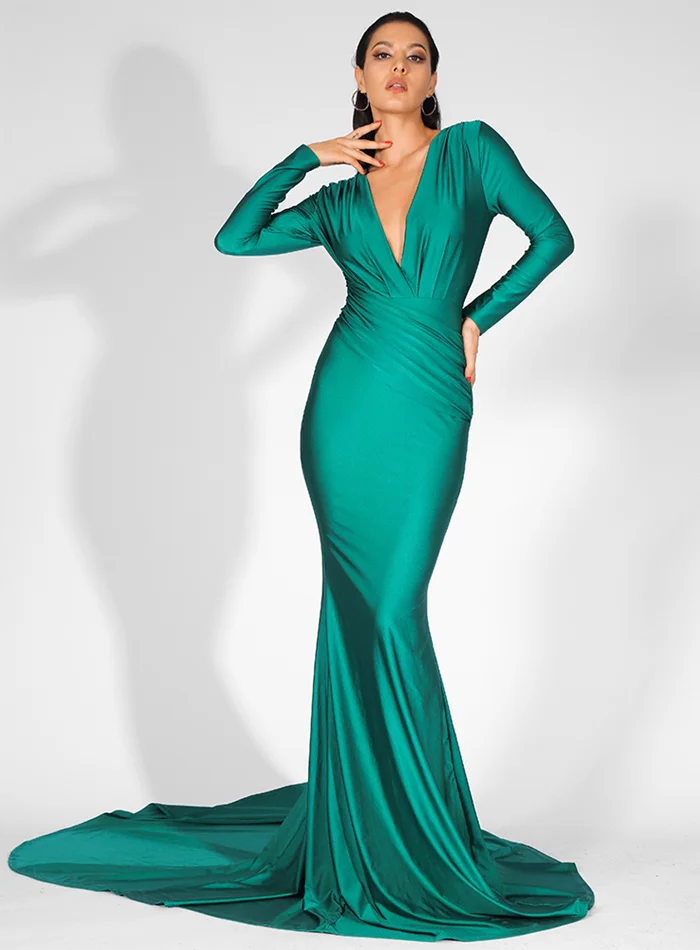 Charming V-Neck Long Sleeve Prom Dress Mermaid Evening Party Gowns Online
