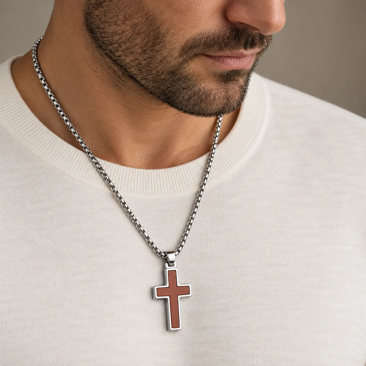  Red Jasper Inlay Tungsten Carbide Cross Pendant Necklace with Two Chains
