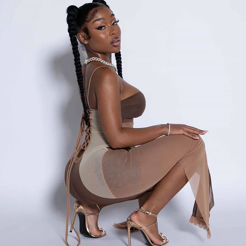 BIIKPIIK Mesh Skinny Hollow Out Jumpsuits Elegant Patchwork Color Criss-Cross Jumpsuit Strapless Sexy Overalls Casual Clothing