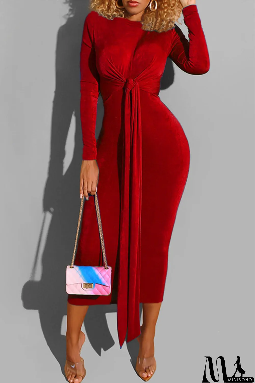 MidiSono - Deep Blue Fashion Casual Bandage O Neck Long Sleeve Dresses