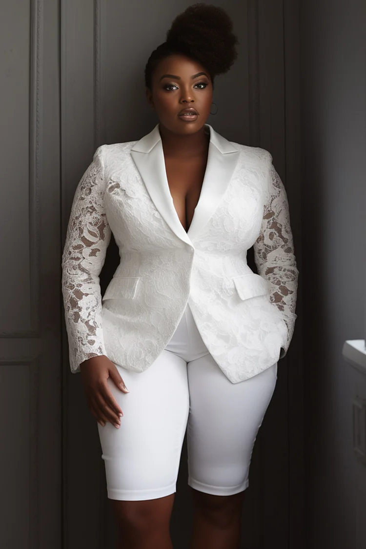 Xpluswear Design Plus Size Mother Of The Bride White Lapel Collar Long Sleeve Contrast Pocket Lace Two Piece Pant Suits [Pre-Order] 2024 - Xpluswear