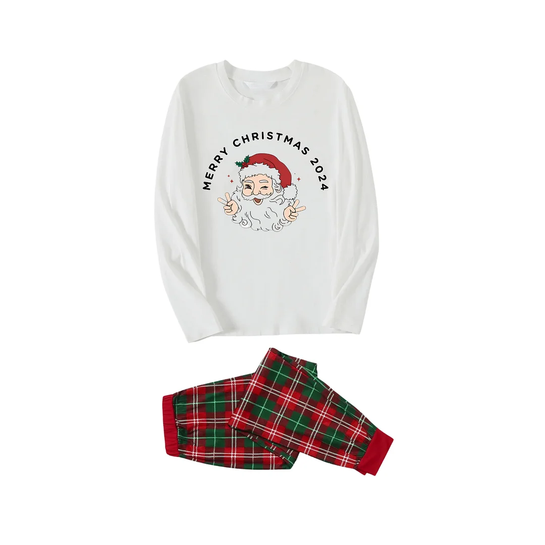 "Merry Christmas 2024" and Santa Printed Red & Green Plaid Family Matching Pajamas