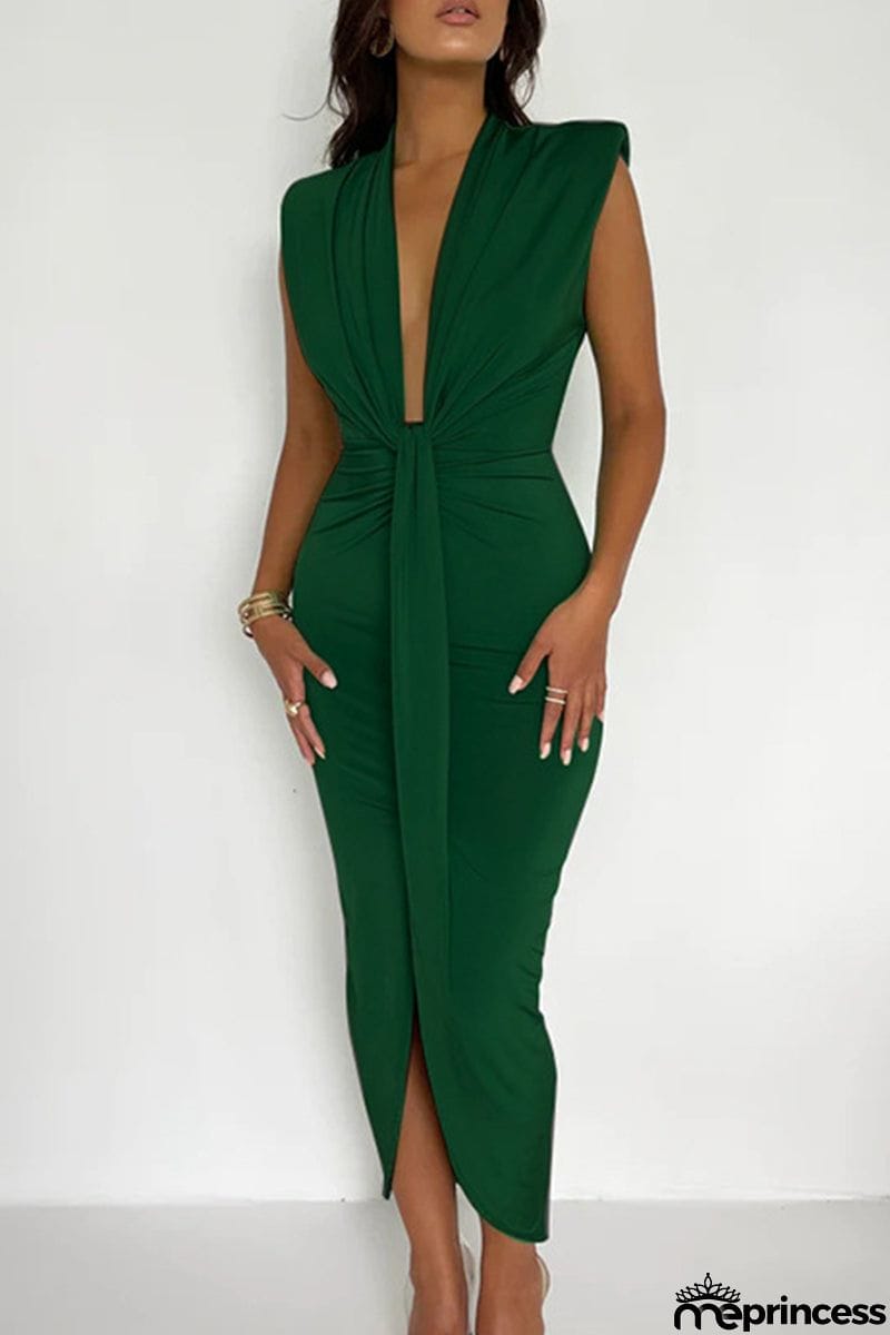 Sexy Solid Fold V Neck Waist Skirt Dresses